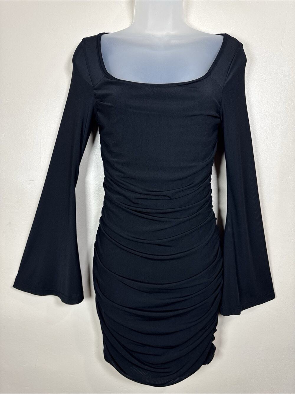 Womens Mesh Flare Sleeve Black Mini Dress Square Neck Sheer Sleeve Whimsigoth S